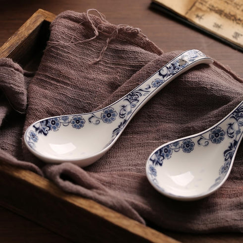 6.75-inch Navy Blue Floral Soup Spoon Set of 4, Porcelain...