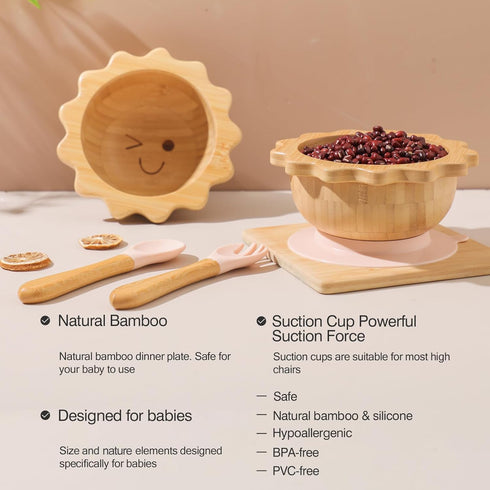 Bamboo Suction Bowl for Baby Kid Toddler Bowl Spoon Fork Set with Removable Silicone Suction All-Natural Baby Feeding Set for Baby-Led Weaning Fit...