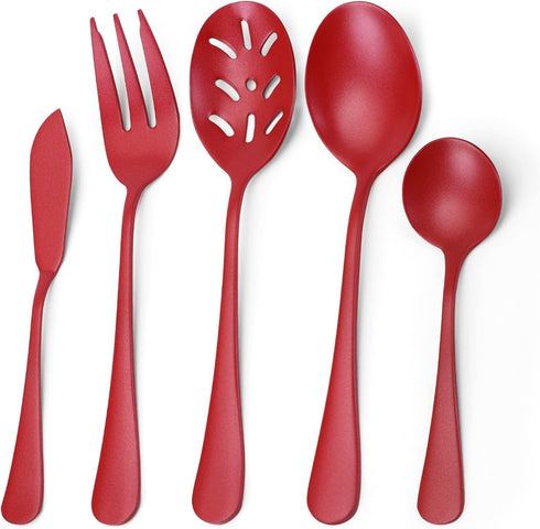 Serving Utensils Set, Red 5-Piece Hostess Set, Stainless Steel Silverware Flatware Cutlery Serving Set, Dishwasher Safe...