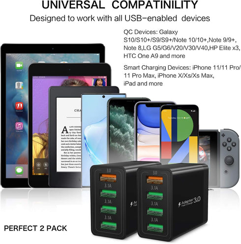 USB C Wall Charger Fast Charge 3.0 Boxeroo 4-Port 2Pack USB Plug Block Phone Charging Adapter Compatible for Galaxy S10+ S9+ Note 10+ Note 9+ Note...