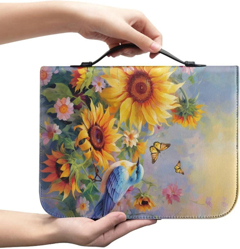 Sunflower Hummingbird Bible Covers Case PU Leather Bible Carrying Case with Handle Waterproof Bible Protector Multi-Purpose Bible Tote Bag Large S...