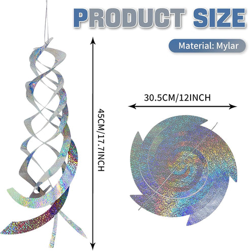 4 Pieces 20 Inches Silver Spiral Bird Reflectors Deterrents for Outside, Hanging Mylar Reflective Wind Spinner Bird Repellent Devices Keep Animals...