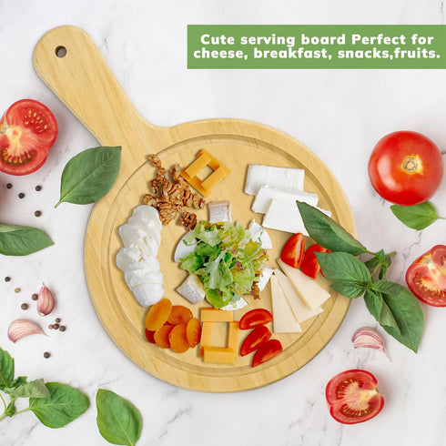 7" Mini Pine Wood Cutting Board with Handle, Small Serving board Wooden Round Pizza Peel Paddle for Homemade Baking Pizza Bread Cake Fruit Vegetab...