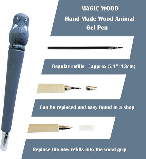 2PCS Wood Handpaited Animal Gel Pen, Cute Stationary School Supply Office Supply, Fun Pen Novelty Writing Pen, Unique Animal Gift Pen Animal (Elep...