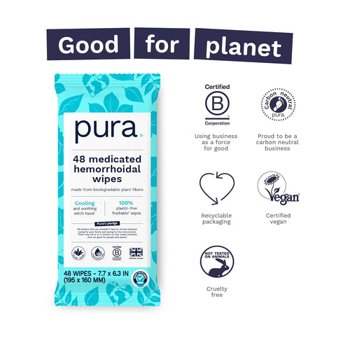 Pura Flushable Hemorrhoid Wipes, 1 x 48 Wipes, Medicated Wipes with 50% Cooling Witch Hazel, Soothing Coconut Oil & Aloe Vera, Fast Acting Relief,...