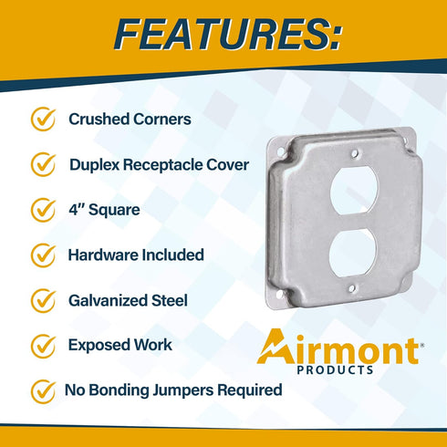 AP-12096, 4" Square Duplex Receptacle Electrical Box Cover, 1/2" Raised, Exposed Work, Galvanized Steel, Crushed Corners...