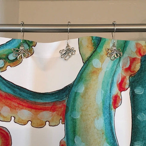 Set of 12 Octopus Shower Curtain Hooks Decorative Home Bathroom Squid Sea Creature Beast Stainless Steel Rustproof Brushed Nickel Rings with Octop...