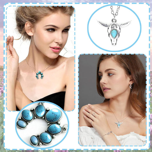 8 Pcs Western Necklaces for Women, Multi-Layered Navajo Pearl Necklace, Triple Turquoise Pendant Necklace, Western Necklaces in Many Different The...