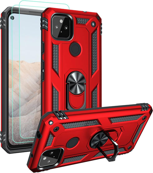 Androgate Designed for Google Pixel 5A Case with HD Screen Protectors, Military-Grade Metal Ring Holder Kickstand 15ft Drop Tested Shockproof Cove...