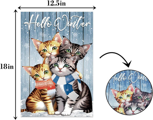 Cat Hello Winter Scarf Snowy Small Decorative Garden Flag,Cute Outdoor Blue Garden Flag,Snow Christmas Holiday Outside Decorations Yard Flag,Chris...