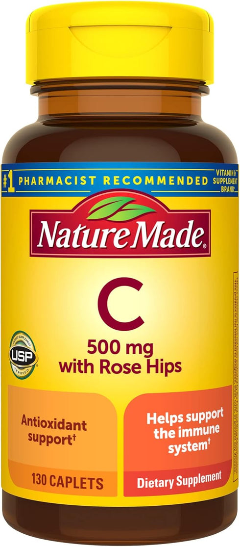 Nature Made Vitamin C 500 mg with Rose Hips, Dietary Supplement for Immune Support, 130 Caplets, 130 Day Supply...