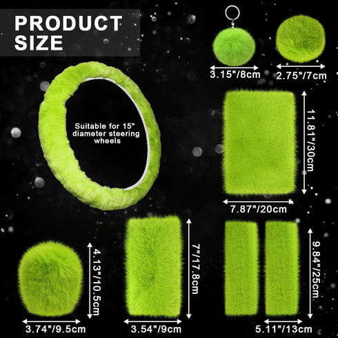 9 Pcs Father's Day Fluffy Car Accessories Set Soft Furry Steering Wheel Covers Set for Men Universal 15 Inches for Men Car Decoration, Lime Green...