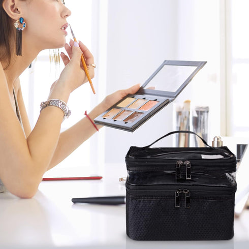 Makeup Organizer Travel Skincare Bag - Double Layer Makeup Bag for Travel Essentials Makeup Organizer Travel Bag Clear Makeup Bag with Brush Compa...