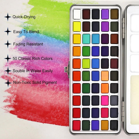 Watercolor Paint Set 50 Vivid Colors, Travel Watercolor Kits with Palette, Brush, Sponge, Ideal for Adults, Kids, Hobbyists, Paingting Lovers, Art...