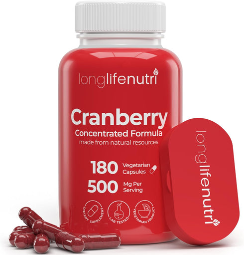 Cranberry Extract with Vitamin C & E - Pure Concentrated Formula, 500mg per Serving, 180 Vegetarian Capsules, Urinary Tract Health & Bladder, 6 Mo...