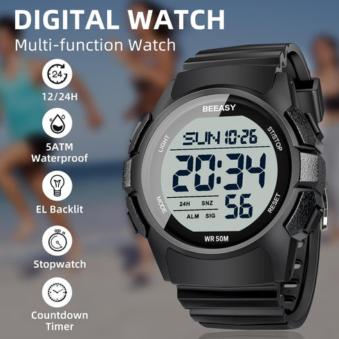 Beeasy Men Digital Sports Watch,Waterproof Watch with Stopwatch Countdown Timer Alarm Function Dual Time Rubber Strap Wrist Watch for Men/Student...