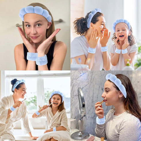 6PCS Spa Headband and Wristband Set - Makeup Headband, Wristbands, Hair Claw Clips, Blue Scrunchies for Women Skincare Non Slip Thick Hair Accesso...