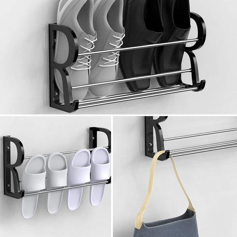 Wall Mounted Shoes Rack 3Pack/Can Store 6Pairs Sneakers and 6Pairs Slide Sandal,with Sticky Hanging Mounts, Shoes Holder Storage Organizer Shelf,D...
