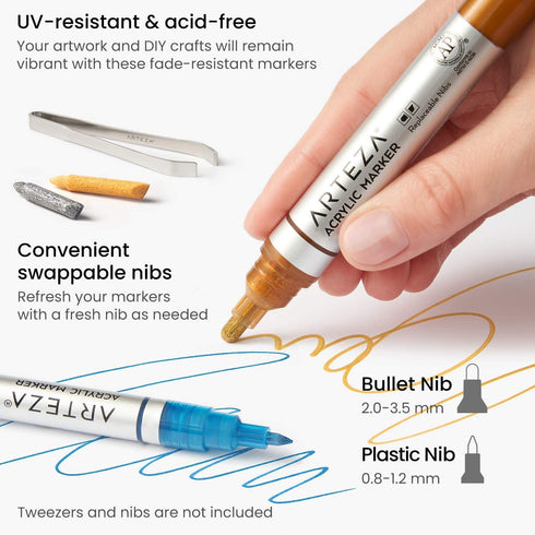 ARTEZA Metallic Acrylic Paint Markers – Set of 20 Paint Pens with Bullet & Wide Nibs for Glass, Rock, Ceramic, Plastic, Canvas, Wood & Fabric Proj...
