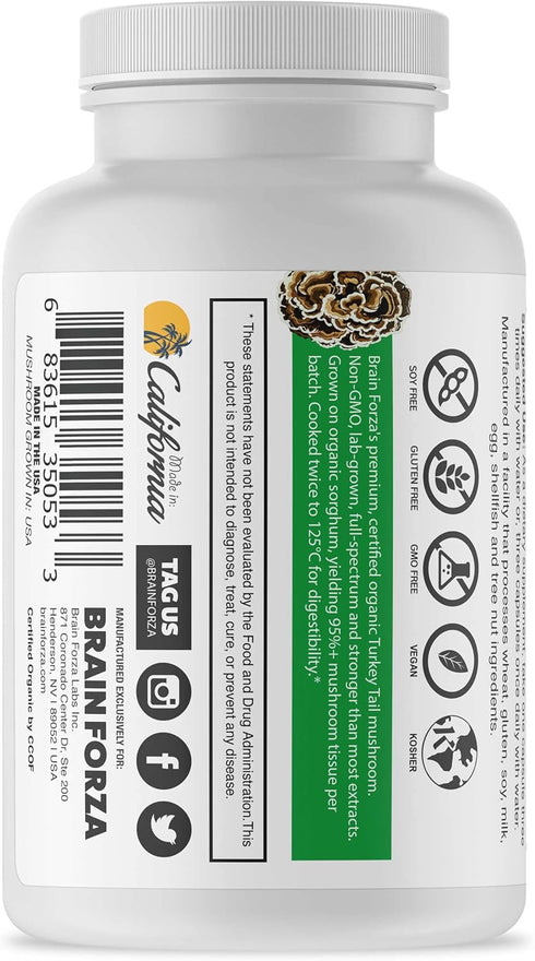 Brain Forza Organic Turkey Tail Mushroom Capsules, Mushroom Powdered Immune Support, Liver and Digest Health Support, Organic Defense Support, Non...