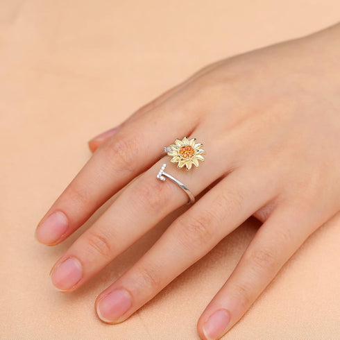 Fidget Rings for Anxiety for Women Sunflower Initial Letter Spinner Ring Open Adjustable Ring CZ Rings Daisy Stress Relieving Ring Jewelry Gift fo...