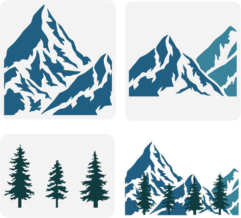 FINGERINSPIRE 3PCS Mountain and Tree Stencil 3 Styles 2 Size Hollow Out Mountain Range Stencil Reusable Valley Stencil Pine Trees Craft Stencil fo...
