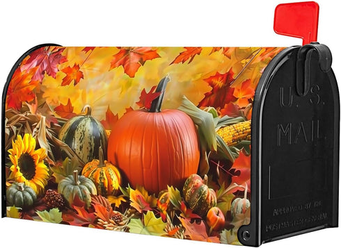 Autumn Fall Harvest Maple Leaves Pumpkin Mailbox Covers Waterproof Magnetic Durable Post Box Cover Wraps Standard Size 21x18 Inches for Outdoor Ga...
