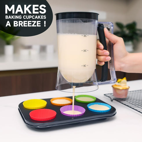 Fungyand Pancake Batter Dispenser - 4 Cups Complete Batter Dispenser Set with Muffin Rings, Spatula - Ideal Baking Tools for Pancakes, Cupcakes, W...
