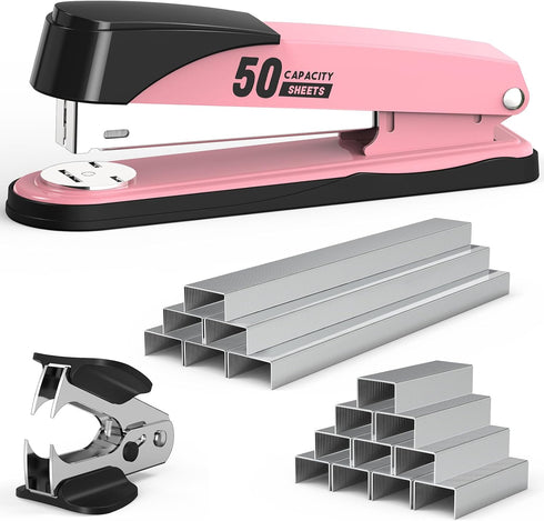 Metal Stapler Heavy Duty 50 Sheet Capacity with 1750 Staples and Staple Remover, Pink Stapler Full Strip Staplers for Desk, No Jam, Non-slip Offic...