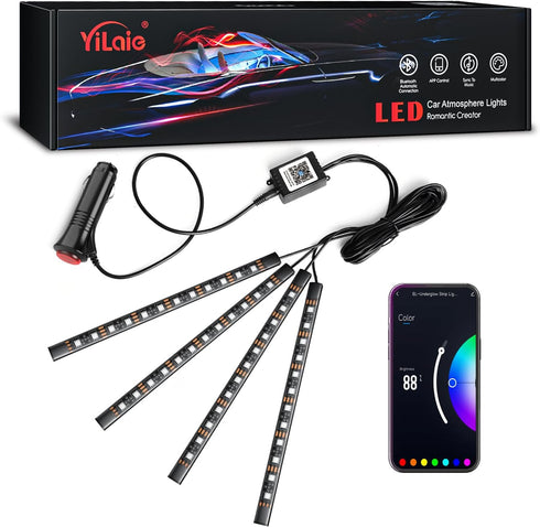 YiLaie Car Lights Interior, RGB Car Strip Light Under Dash Lighting Kit with App Control and Music Sync, Multicolor Neon Interior Lights with Char...