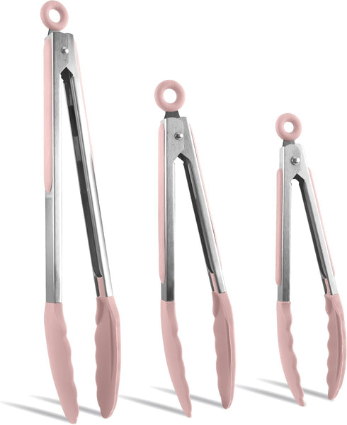 COOK WITH COLOR Food Tongs, Set of Three Cooking Tongs, 8", 10” and 13” Stainless Steel Barbeque Tongs with Silicone Tips for Non Stick Cookware, ...