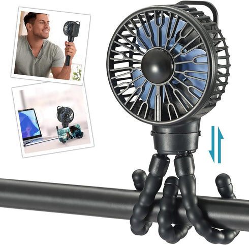 snawowo Mini Portable Stroller Fan, Battery Operated Personal Small Handheld Fan with Flexible Tripod, 3 Speed Rechargeable Clip On Fan for Car Se...