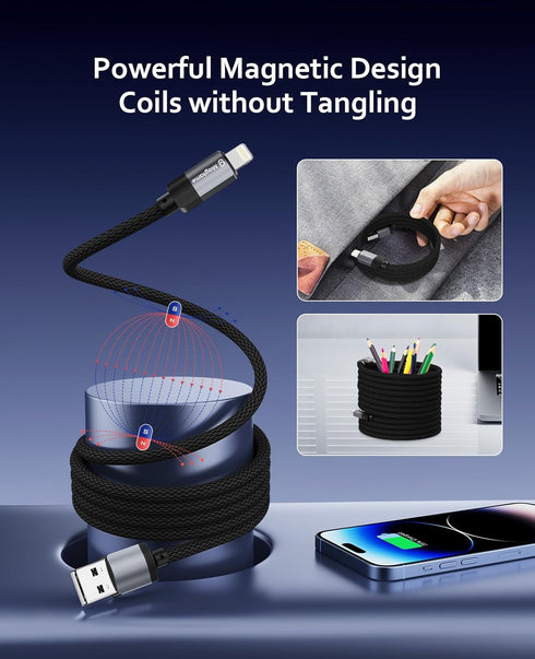 Magnetic iPhone Charger Cord 5ft Coiled, USB A to Lightning Cable Fast Charging Nylon Braided - MFi Certified Compatible with iPhone 14 13 12 11 P...