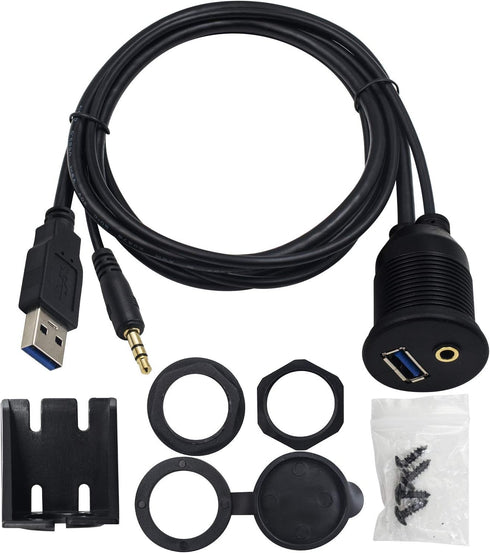 Duttek USB Panel Flush Mount cable - 3.3ft USB 3.0 & 3.5MM Male to Female AUX Extension Mount, Dash Mount, Flush Mount, Panel Mount Cable, for Car...