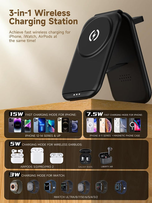 3 in 1 Magnetic Wireless Charging Station for Apple Device, Fast Mag-Safe Charger Stand, Travel Charging Pad for iPhone 15/14/13/12, iWatch Series...