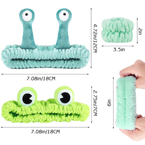 4Pcs Spa Headband for Washing Face Wristband Set for Women Girls Frog Snail Makeup Skincare Facial Shower Coral Fleece Head Wraps Cute Soft Blue G...