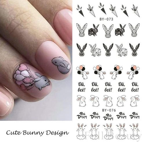 12 Sheets Bunny Nail Art Stickers Easter Water Transfer Nail Decals Cute Rabbit Cartoon Nail Design Abstract Line Rabbit Nail Sticker Easter Nail ...