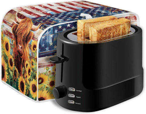 American Flag Toaster Cover 2 Slice Wide Slot, Highland Cow Sunflower Print Bread Maker Cover Toaster Covers, Washable Stain Resistant Small Appli...