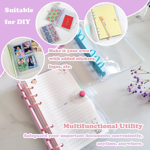 A5 Binder 6-Ring Clear Binder Notebook Cover, 2 Pack Pink + Blue Round Ring, A5 Planner Budget Binder with Snap Closure (A5, Clear Cover + Pink/Bl...