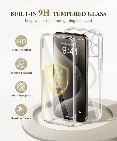 BERFY Magnetic for iPhone 15 Pro Max Case, Compatible with Magsafe, Built-in 9H Tempered Glass Screen Protector & Full Camera Protection, Full Bod...