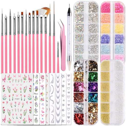 Nail Design Kit, Nail Art Brushes Set Dotting Tools, Nail Art Kit With 3D Flowers Nail Charms Crystal Gems Caviar Beads, Gold Leafs Foil Flakes, B...