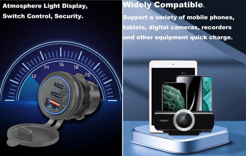 3 Ports 18W USB Car Charger with Switch, 12-24V QC 3.0 USB & Dual PD USB C Cigarette Lighter Socket Outlet, Dashboard Mount Quick Charge Charger f...