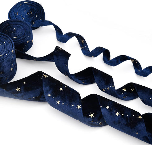 BENECREAT 6.6 Yards 3 Sizes Velvet Ribbons with Star Pattern Drak Blue Double Faced Velvet Ribbon for Sewing Craft, Mother's Day Festival Gift Pac...