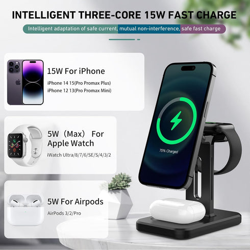 15W Fast 3 in 1 Charging Station for Apple MagSafe Charger Stand -Wireless charger for iPhone 12 13 14 15 pro max Plus for Apple Watch charger 9 8...