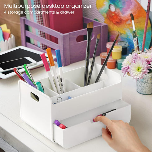 ARTEZA Small Desk Organizer with Drawer – Portable Dresser & Desk Caddy with Desktop Pen Holder – Office Desk Accessories – Lightweight Classroom ...