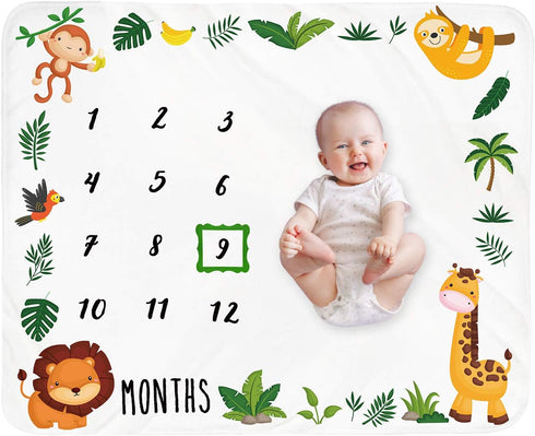 Baby Monthly Milestone Blanket Boy - Jungle Animals Neutral Newborn Month Blanket for Boy & Girl Personalized Shower Gift Safari Nursery Decor Pho...