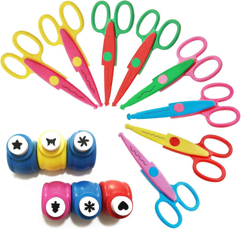 14PCS Creative Scissors & Craft Punch, 6 Different Patterns Edging Scissors + Paper Punch for Teachers Kids DIY Photo Scrapbooking Album - Colorfu...