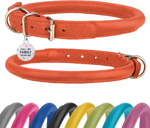 Rolled Leather Dog Collar Soft Round Collars, ID Tag for Small Medium Large Dogs (16-20 inch, Orange & Silver Buckle)...