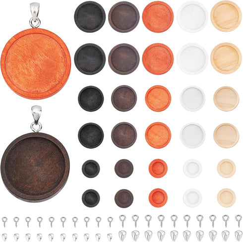 PH PandaHall 30pcs Flat Round Wooden Pendant 3 Sizes Blank Pendant Trays Wood Bezel Pendant with 40pcs Screw Eye Pin Peg Bails 40pcs Ice Pick Pinc...