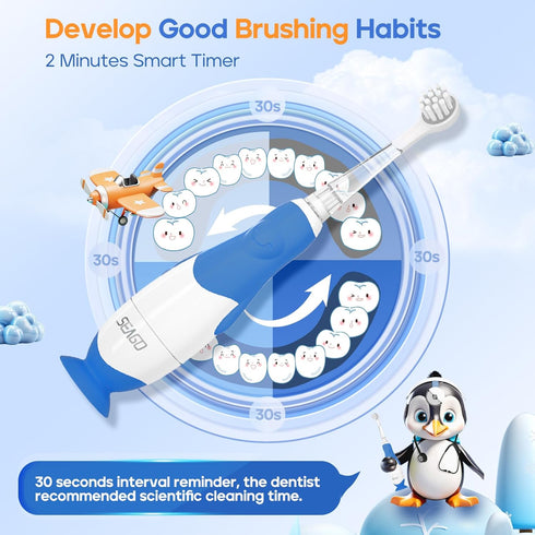 SEAGO Toddler Electric Toothbrushes for Baby Ages 0-3 Years, Baby Toothbrush with Smart Timer and Suction Base, 4 Replacement Brushheads (Navy-C)...